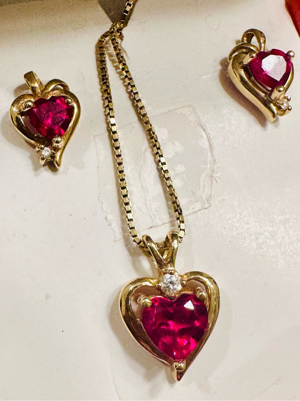 10K Gold Heart Ruby Diamond earrings necklace 10K gold diamond ruby pendant set - Picture 5 of 8